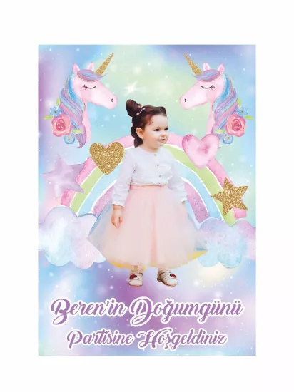 Doğum Günü Ayaklı Karşılama Panosu Çift Unicorn Gökkuşağı Kalp ve Yıldız Temalı Fotoğraflı Kız Bebek Parti Konsept Modelleri ve Fiyatları | Zajabaskı