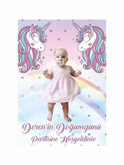 Doğum Günü Ayaklı Karşılama Panosu Çift Unicorn Gökkuşağı Zemin Fotoğraflı Kız Bebek Parti Konsept Modelleri ve Fiyatları | Zajabaskı