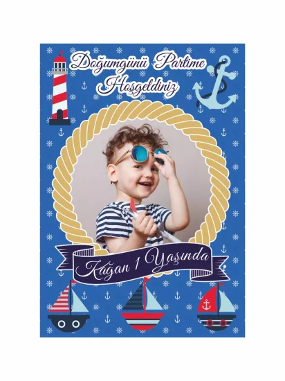 Doğum Günü Ayaklı Karşılama Panosu Denizci Temalı Çapa Deniz Feneri ve Yelkenli Desenli Fotoğraflı Erkek Bebek 1 Yaş Parti Konsept Modelleri ve Fiyatları | Zajabaskı