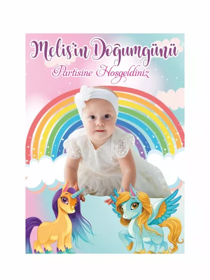 Doğum Günü Ayaklı Karşılama Panosu Gökkuşağı Bulut Zemin Çift Unicorn Fotoğraflı Kız Bebek Parti Konsept Modelleri ve Fiyatları | Zajabaskı