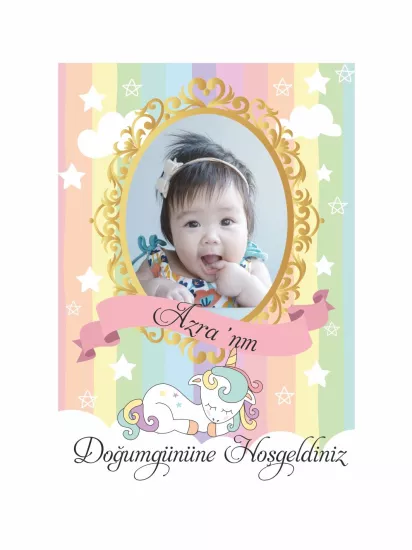 Doğum Günü Ayaklı Karşılama Panosu Modelleri ve Fiyatları – Pastel Gökkuşağı Unicorn Fotoğraflı Pano | Zajabaski