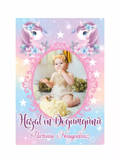 Doğum Günü Ayaklı Karşılama Panosu Modelleri ve Fiyatları – Çift Unicorn Çiçekli Fotoğraflı Kız Bebek Konsept | Zajabaski