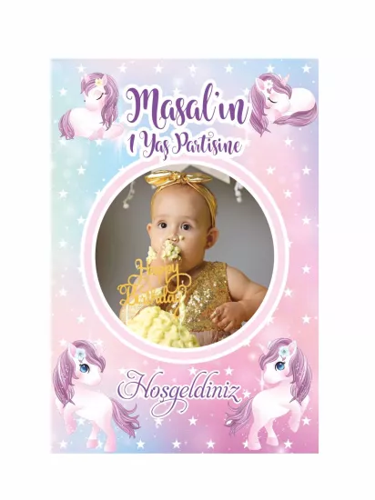 Doğum Günü Ayaklı Karşılama Panosu Modelleri ve Fiyatları – Yıldızlı Unicorn Fotoğraflı 1 Yaş Kız Bebek Konsept | Zajabaski
