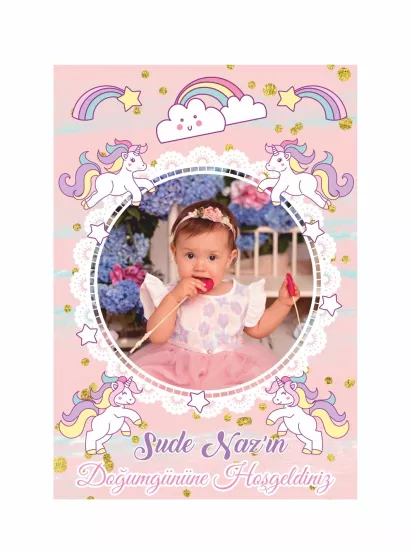 Doğum Günü Ayaklı Karşılama Panosu Modelleri ve Fiyatları – Pembe Zemin Unicorn Fotoğraflı Kız Bebek Konsept | Zajabaski