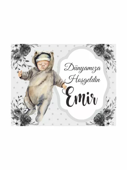 Dünyamıza Hoş Geldin Bebek Magneti Vintage Erkek Bebek Konseptli Gri Çiçek Temalı Yeni Doğan Bebek Magneti Modelleri ve Fiyatları | Zajabaskı