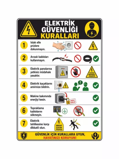 Elektrik Güvenliği Kuralları Uyarı Levhası 50x35cm | İş Güvenliği Levhası | Zajabaskı