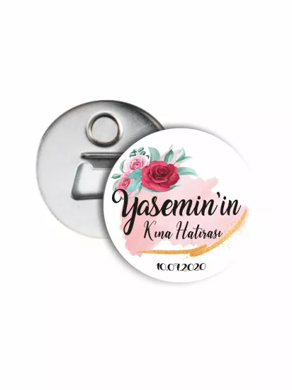 Gelin Kınası Hediye Açacak Magneti Pembe Soft Zemin Çiçek Konsept | 58mm Magnet Açacak | Zajabaskı