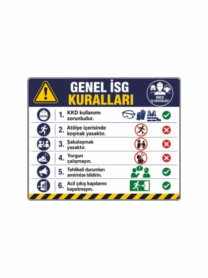 Genel İSG Kuralları Uyarı Levhası 50x40cm | İş Sağlığı ve Güvenliği Levhası | Zajabaskı