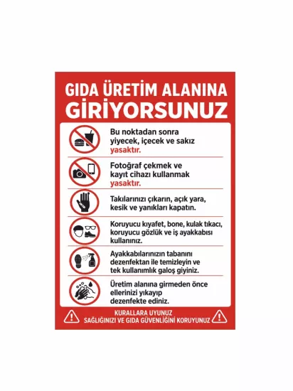 Gıda Üretim Alanı Uyarı Levhası 50x35cm | Hijyen ve Üretim Levhası | Zajabaskı