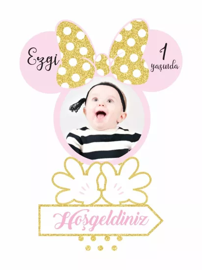 Gold Puantiyeli Fiyonklu Kulak Temalı Fotoğraflı 1 Yaş Bebek Doğum Günü Karşılama Panosu Modelleri ve Fiyatları | Zajabaskı