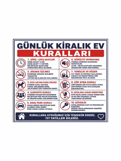 Günlük Kiralık Ev Kuralları Levhası 40x35 | Zajabaskı