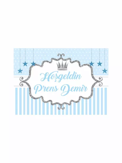 Mavi Beyaz Gümüş Sim Çerçeveli Bebek Hoş Geldin Afişi | Zajabaskı