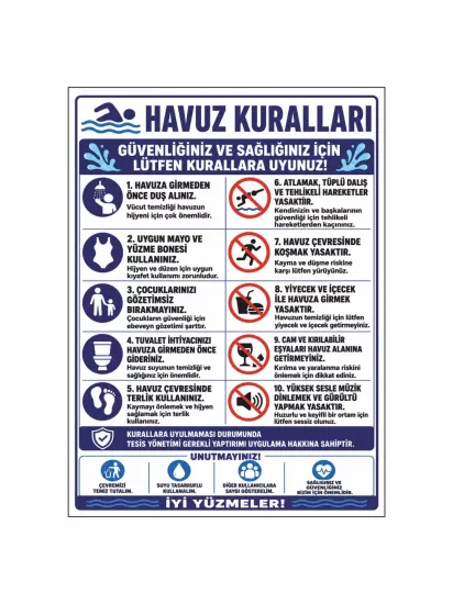 Havuz Kuralları Uyarı Levhası 40x30 cm | Zajabaskı