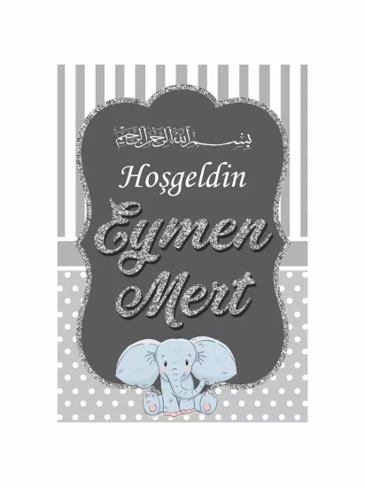 Fil Temalı Gri Beyaz Hoş Geldin Bebek Afişi | Zajabaskı