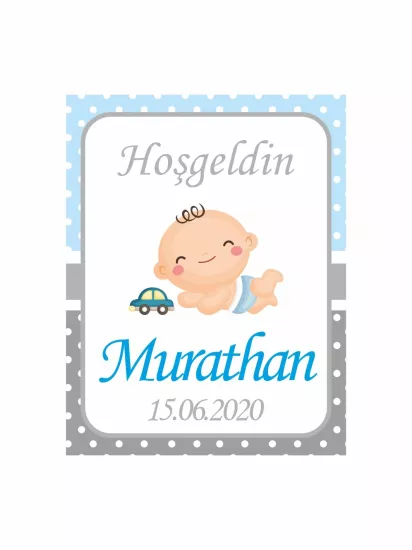 Hoş Geldin Bebek Magneti Çizgi Bebek Arabalı Temalı Mavi Gri Puantiyeli Yeni Doğan Erkek Bebek Magneti Modelleri ve Fiyatları | Zajabaskı