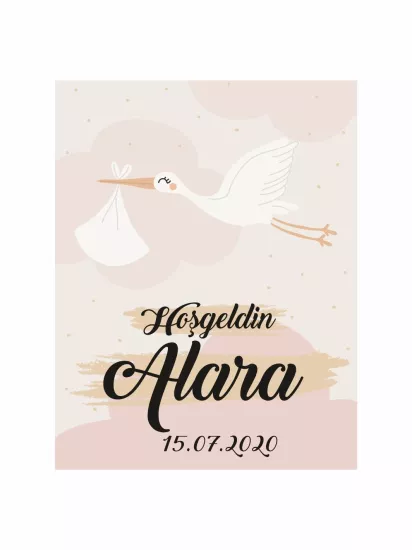 Hoş Geldin Bebek Magneti Leylek Temalı Yeni Doğan Kız Bebek Magneti Pudra Bulutlu İsimli Konsept Modelleri ve Fiyatları | Zajabaskı