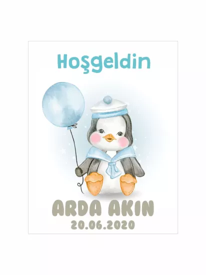 Hoş Geldin Bebek Magneti Penguen Temalı Yeni Doğan Erkek Bebek Magneti Mavi Balonlu Denizci Konsept Modelleri ve Fiyatları | Zajabaskı