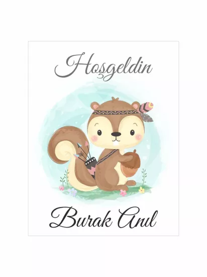 Hoş Geldin Bebek Magneti Sincap Temalı Yeni Doğan Erkek Bebek Magneti Bohem Yerli Konsept Modelleri ve Fiyatları | Zajabaskı