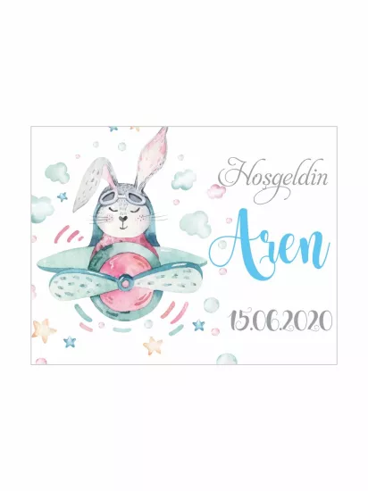 Hoş Geldin Bebek Magneti Uçaklı Tavşan Temalı Yeni Doğan Erkek Bebek Magneti Bulutlu Mavi Konsept Modelleri ve Fiyatları | Zajabaskı