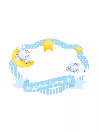 Hoş Geldin Bebek Mavi Ay ve Yıldızlı Fil Temalı Hatıra Çerçevesi 100x70 cm | Zajabaskı
