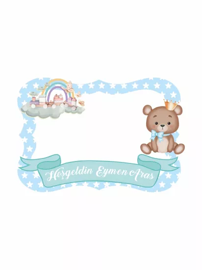 Hoş Geldin Bebek Mavi Gökkuşağı ve Ayıcık Temalı Hatıra Çerçevesi 100x70 cm | Zajabaskı