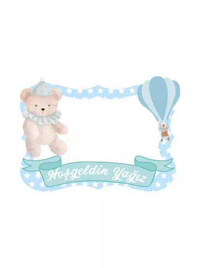 Hoş Geldin Bebek Mavi Temalı Ayıcık ve Balonlu Hatıra Çerçevesi 100x70 cm | Zajabaskı
