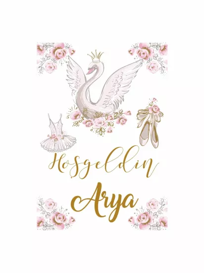 Zajabaskı Hoş Geldin Bebek Pano Kuğu Balerin Temalı Gold Yazılı Kız Bebek Karşılama Panosu Modelleri ve Fiyatları