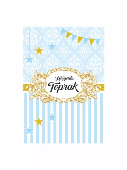 Zajabaskı Hoş Geldin Bebek Pano Mavi Damask Desenli Gold Çerçeveli Yıldızlı Erkek Bebek Karşılama Panosu Modelleri ve Fiyatları