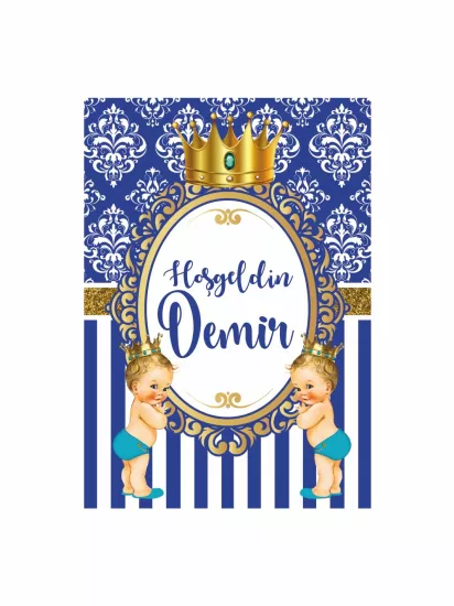 Zajabaskı Hoş Geldin Bebek Pano Mavi Gold Damask Desenli Tahtlı Prens Konsept Erkek Bebek Karşılama Panosu Modelleri ve Fiyatları