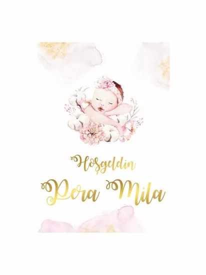 Zajabaskı Hoş Geldin Bebek Pano Melek Bebekli Pembe Çiçekli Gold Yazılı Kız Bebek Karşılama Panosu Modelleri ve Fiyatları
