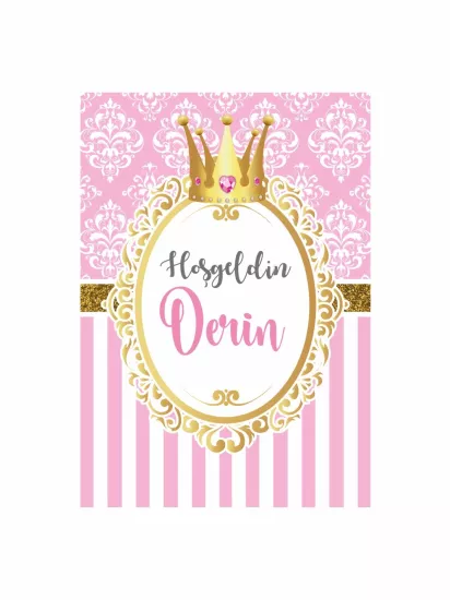 Zajabaskı Hoş Geldin Bebek Pano Pembe Gold Damask Desenli Tahtlı Prenses Tema Kız Bebek Karşılama Panosu Modelleri ve Fiyatları