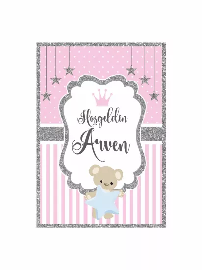 Zajabaskı Hoş Geldin Bebek Pano Pembe Gümüş Çerçeveli Yıldızlı Ayıcık Detaylı Kız Bebek Karşılama Panosu Modelleri ve Fiyatları