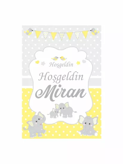 Zajabaskı Hoş Geldin Bebek Pano Sarı Gri Filli Üçgen Bayraklı Erkek Bebek Karşılama Panosu Modelleri ve Fiyatları