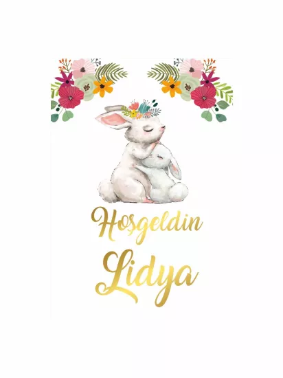 Hoş Geldin Bebek Pano Tavşanlı Çiçekli Gold Yazılı Kız Bebek Karşılama Panosu Modelleri ve Fiyatları | Zajabaskı
