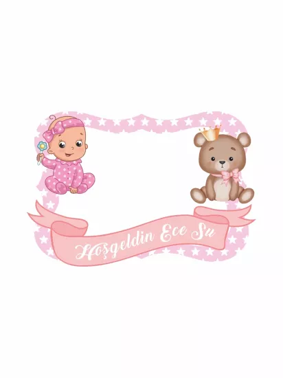 Hoş Geldin Bebek Pembe Hatıra Çerçevesi Ayıcık Temalı 100x70cm Anı Panosu | Zajabaskı