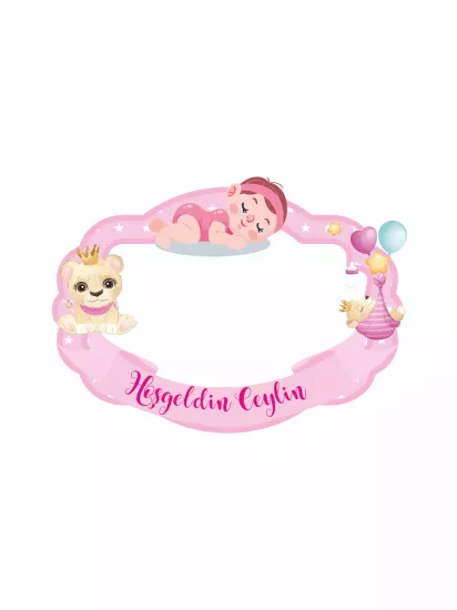 Hoş Geldin Bebek Pembe Uyuyan Bebek Aslan Balon Temalı Hatıra Çerçevesi 100x70cm Anı Panosu | Zajabaskı