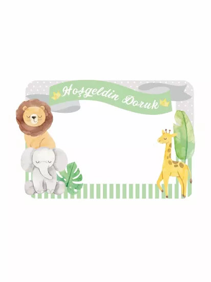 Hoş Geldin Bebek Safari Temalı Aslan Fil Zürafalı Hatıra Çerçevesi 100x70cm Anı Panosu | Zajabaskı