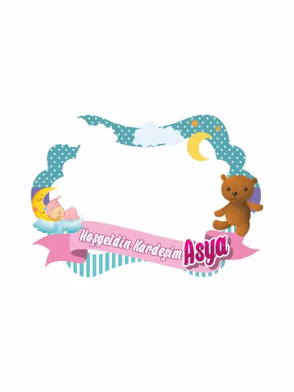 Hoş Geldin Bebek Uyuyan Bebek Ayıcıklı Bulut Temalı Hatıra Çerçevesi 100x70cm Anı Panosu | Zajabaskı