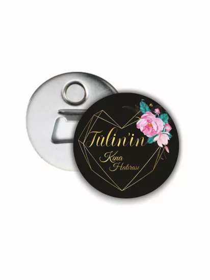 Kına Açacak Magnet Siyah Zemin Kalp Gold Çerçeve Pembe Çiçek Detaylı | 58mm Magnet Açacak | Zajabaskı