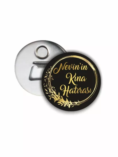 Kına Açacak Magneti Siyah Zemin Gold Çiçek Çerçeve Tema | 58mm Magnet Açacak | Zajabaskı