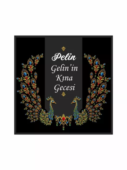 Kına Gecesi Pist Kaplama Yer Afişi Modelleri ve Fiyatları | Siyah Zemin Altın İşlemeli Tavus Desenli Klasik Konsept – Zajabaskı