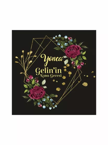 Kına Gecesi Pist Kaplama Yer Afişi Modelleri ve Fiyatları | Siyah Zemin Gold Geometrik Çerçeveli Bordo Gül Desenli Lüks Konsept – Zajabaskı
