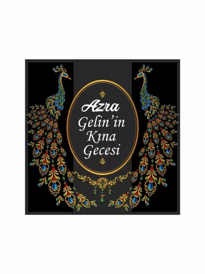 Kına Gecesi Pist Kaplama Yer Afişi Modelleri ve Fiyatları | Siyah Zemin Tavus Kuşlu Gold Oval Çerçeve Lüks Konsept – Zajabaskı