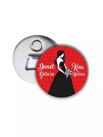Kına Hatıra Açacak Magnet Kırmızı Zeminli Gelin Konsept | 58mm Magnet Açacak | Zajabaskı