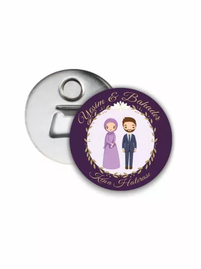 Kına Hatırası Açacak Magnet Mor Zeminli Tesettürlü Gelin Damat Tema | 58mm Magnet Açacak | Zajabaskı