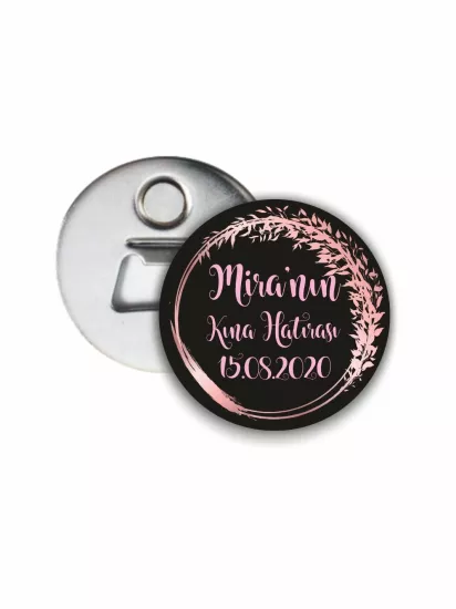 Kına Hatırası Açacak Magneti Siyah Zemin Pembe Çiçek Tema | 58mm Magnet Açacak | Zajabaskı