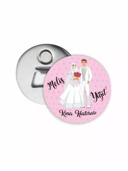 Kına Hatırası Açacak Magneti Tesettürlü Gelin Damat Tema Soft Pembe Zeminli | 58mm Magnet Açacak | Zajabaskı
