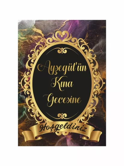 Kına Hatırası Karşılama Panosu Ayaklı Mermer Zemin Gold Çerçeve Konsept Karşılama Pano