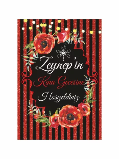 Kına Hatırası Karşılama Panosu Modelleri ve Fiyatları Siyah Kırmızı Boho Çiçek | Zajabaskı