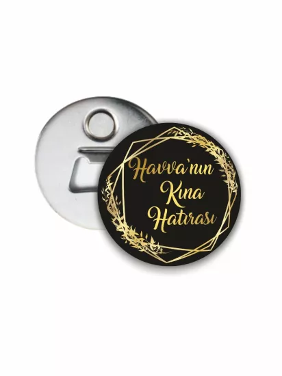 Kına Hediyesi Açacak Magneti Siyah Zemin Gold Çerçeve Tema | 58mm Magnet Açacak | Zajabaskı